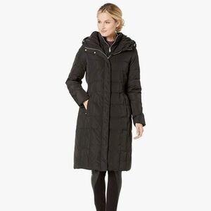 Cole Haan Signature Quilted Hooded Down Mid-Length Taffeta Puffer Coat Black XL